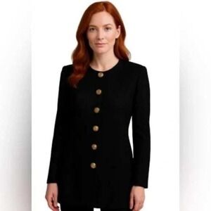 St. John $1800 Medium Black Santana Longline Classic Knit Gold Button Jacket